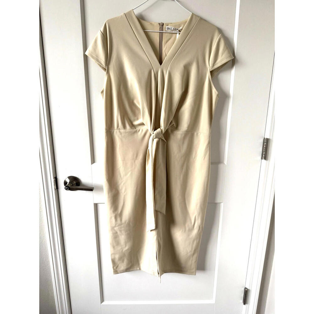 Grace Karin XL Beige Sheath Dress V-Neck Tie Waist‎ Career Office NWT